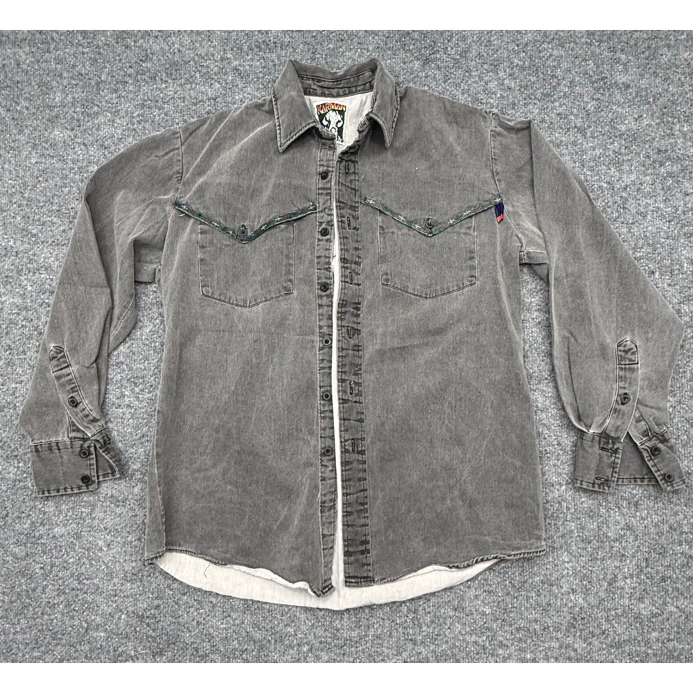 Karman Mens Grey Denim Western Shirt Beaded Trim Faded Button Down L